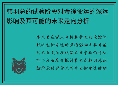 韩羽总的试验阶段对金徐命运的深远影响及其可能的未来走向分析 韩羽总的试验阶段对金徐命运的深远影响及其可能的未来走向分析