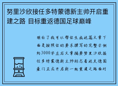 努里沙欣接任多特蒙德新主帅开启重建之路 目标重返德国足球巅峰 努里沙欣接任多特蒙德新主帅开启重建之路 目标重返德国足球巅峰