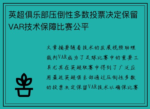 英超俱乐部压倒性多数投票决定保留VAR技术保障比赛公平 英超俱乐部压倒性多数投票决定保留VAR技术保障比赛公平